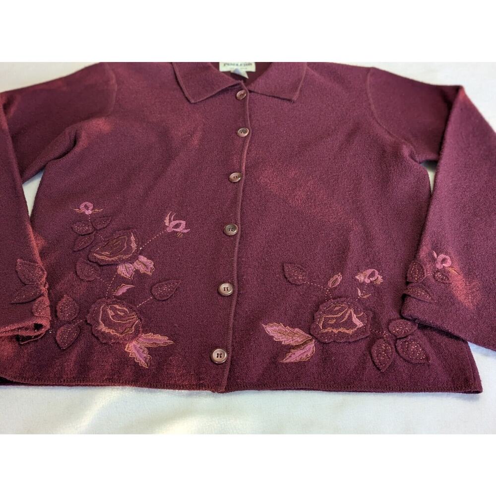 Pendleton Cardigan Sweater Burgundy Embroidered Applique Medium Grandma Floral - Picture 3 of 9
